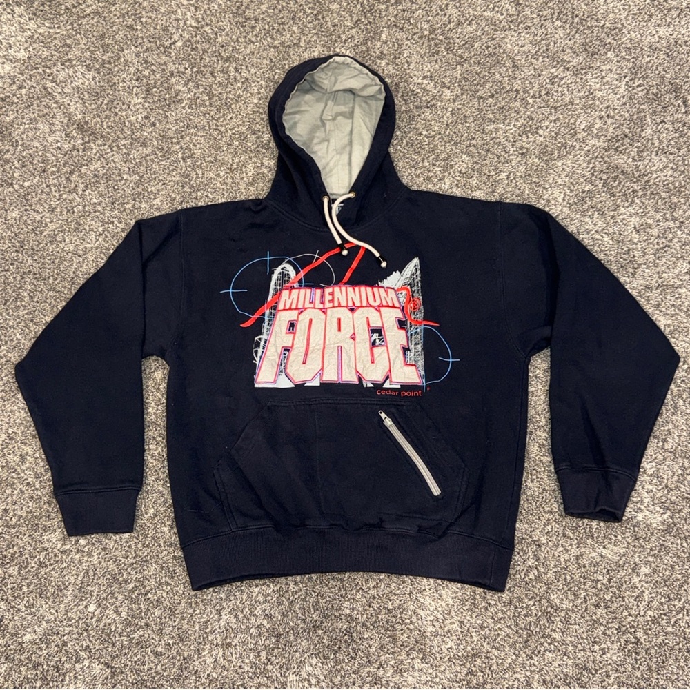 Vtg Retro Y2K Cedar Point Millennium Force Embroidered Fleece Hoodie Men's Small